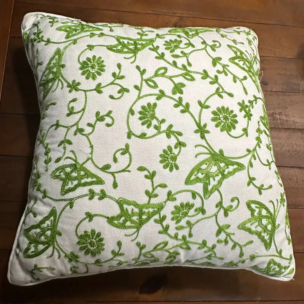 Lilly Pulitzer Green and White Butterfly Floral Vine Decorative Pillow 17 x 17